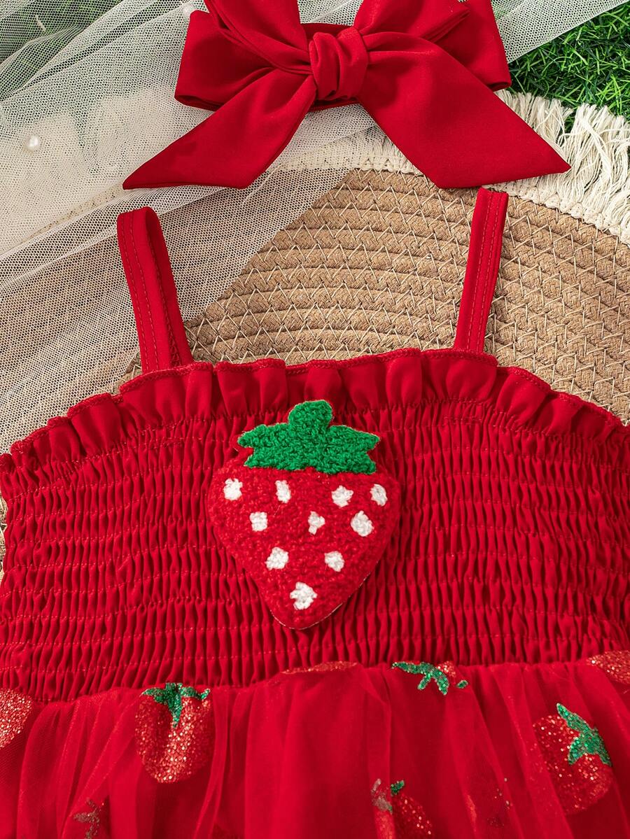 Baby Girls Strawberry Mesh Patchwork Romper with Headband for Summer Outdoor Wear