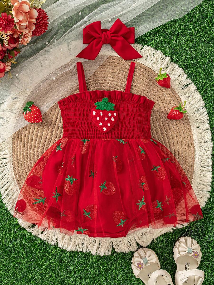 Baby Girls Strawberry Mesh Patchwork Romper with Headband for Summer Outdoor Wear