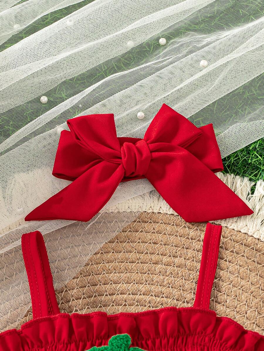 Baby Girls Strawberry Mesh Patchwork Romper with Headband for Summer Outdoor Wear