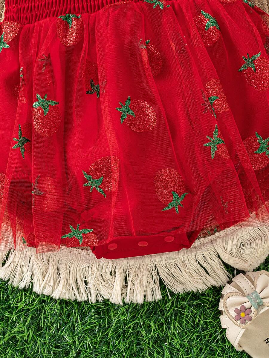 Baby Girls Strawberry Mesh Patchwork Romper with Headband for Summer Outdoor Wear