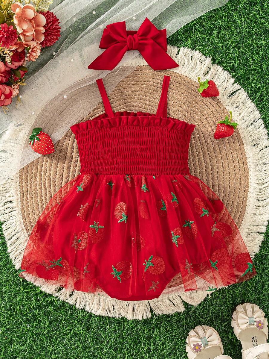 Baby Girls Strawberry Mesh Patchwork Romper with Headband for Summer Outdoor Wear