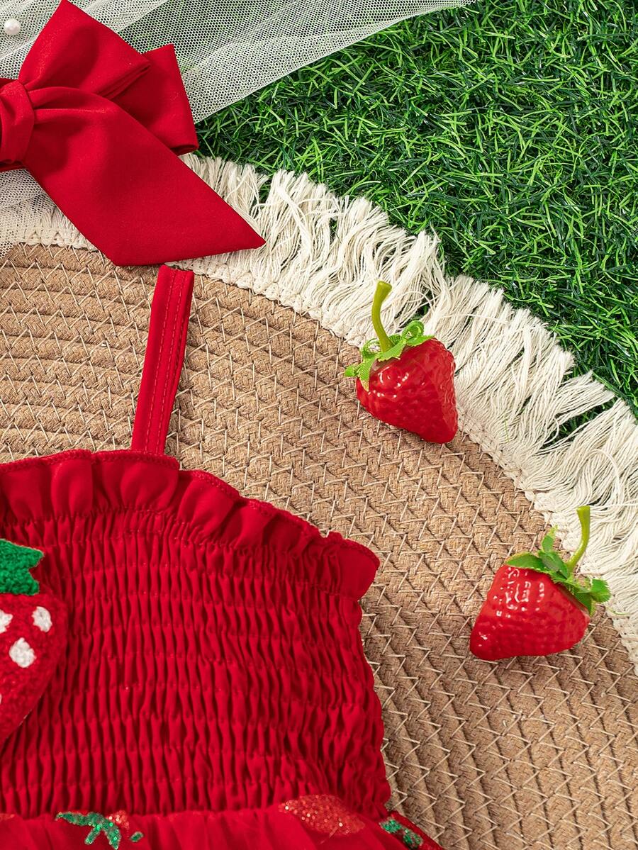 Baby Girls Strawberry Mesh Patchwork Romper with Headband for Summer Outdoor Wear