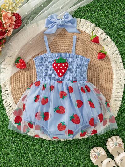 Baby Girls Strawberry Mesh Patchwork Romper with Headband for Summer Outdoor Wear