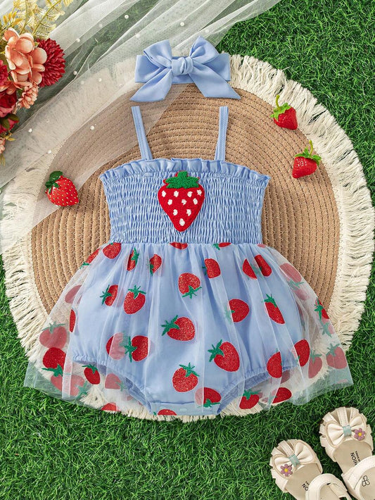 Baby Girls Strawberry Mesh Patchwork Romper with Headband for Summer Outdoor Wear