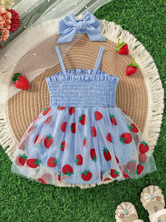 Baby Girls Strawberry Mesh Patchwork Romper with Headband for Summer Outdoor Wear