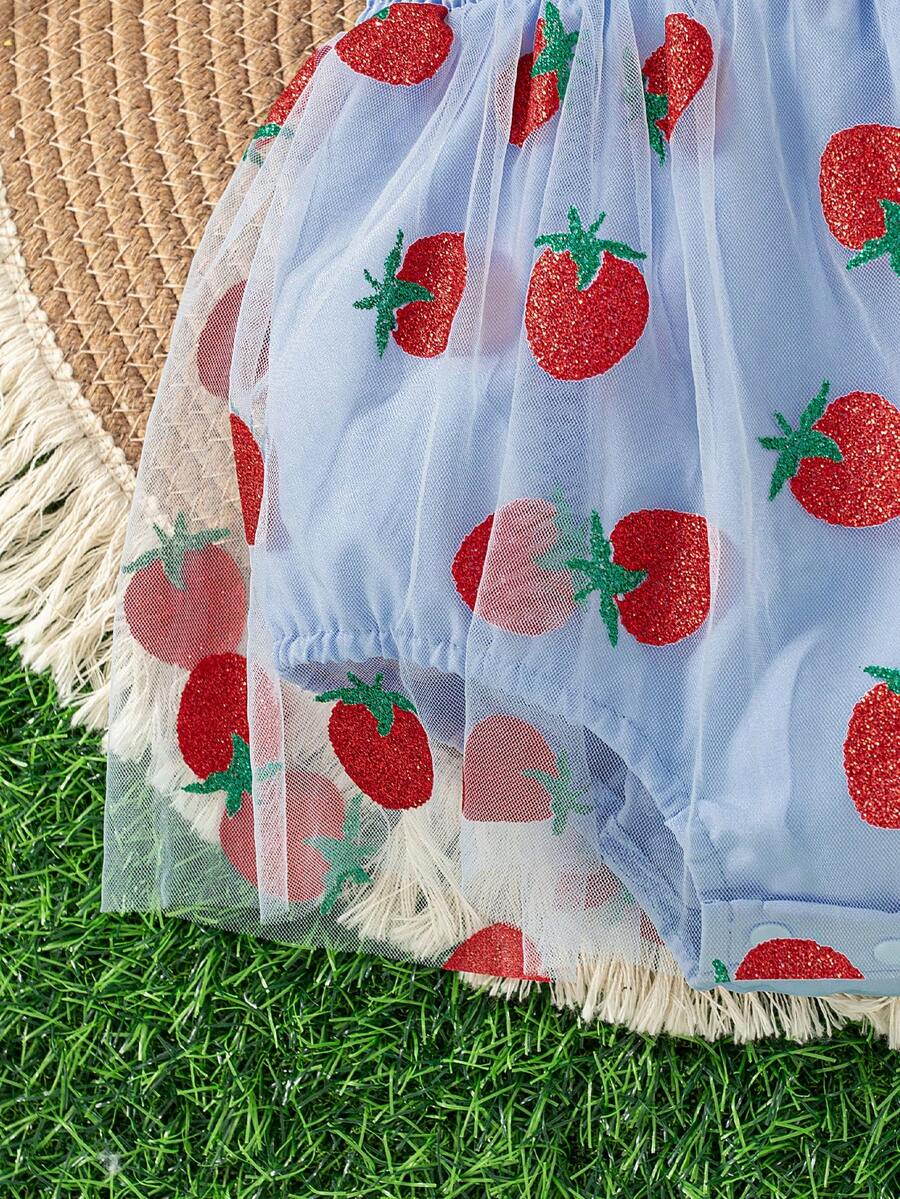 Baby Girls Strawberry Mesh Patchwork Romper with Headband for Summer Outdoor Wear