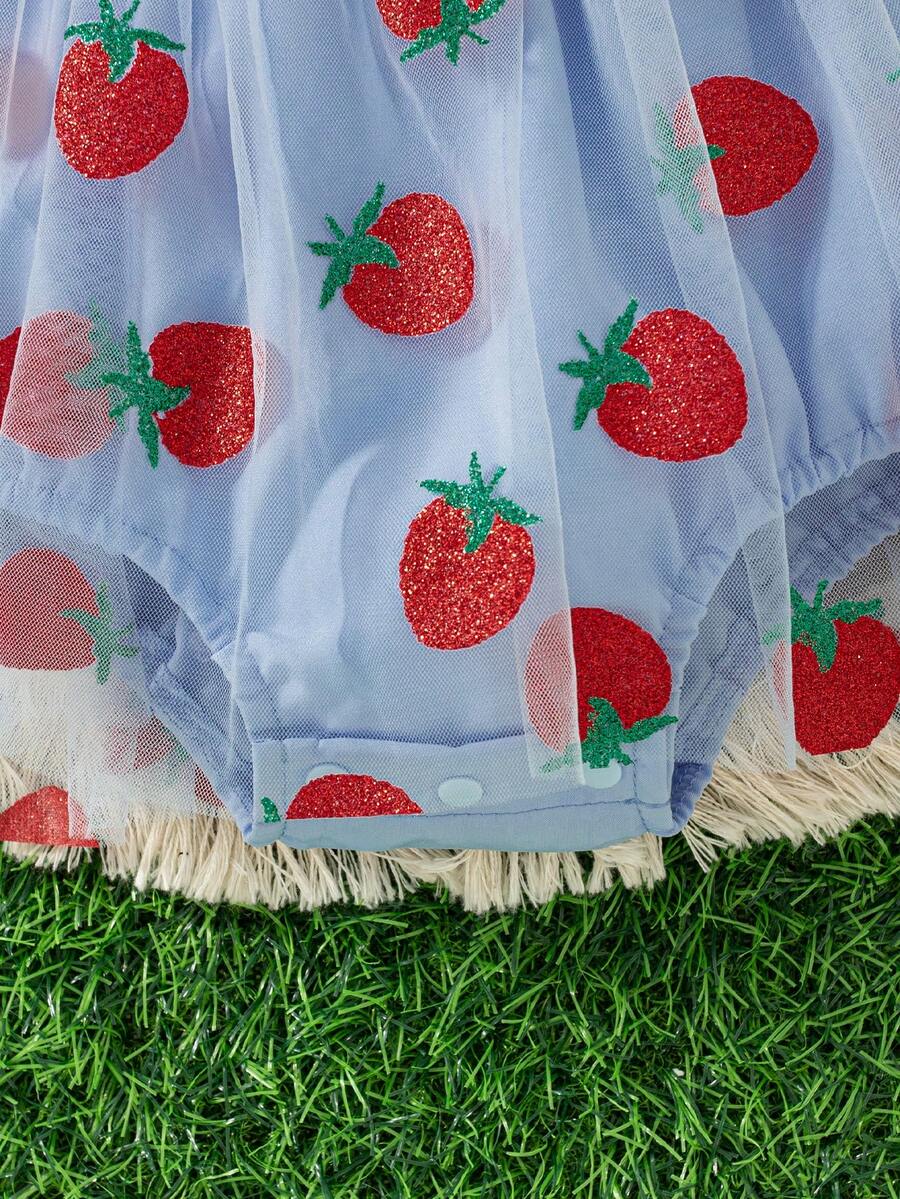 Baby Girls Strawberry Mesh Patchwork Romper with Headband for Summer Outdoor Wear