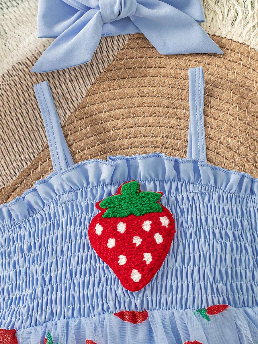 Baby Girls Strawberry Mesh Patchwork Romper with Headband for Summer Outdoor Wear