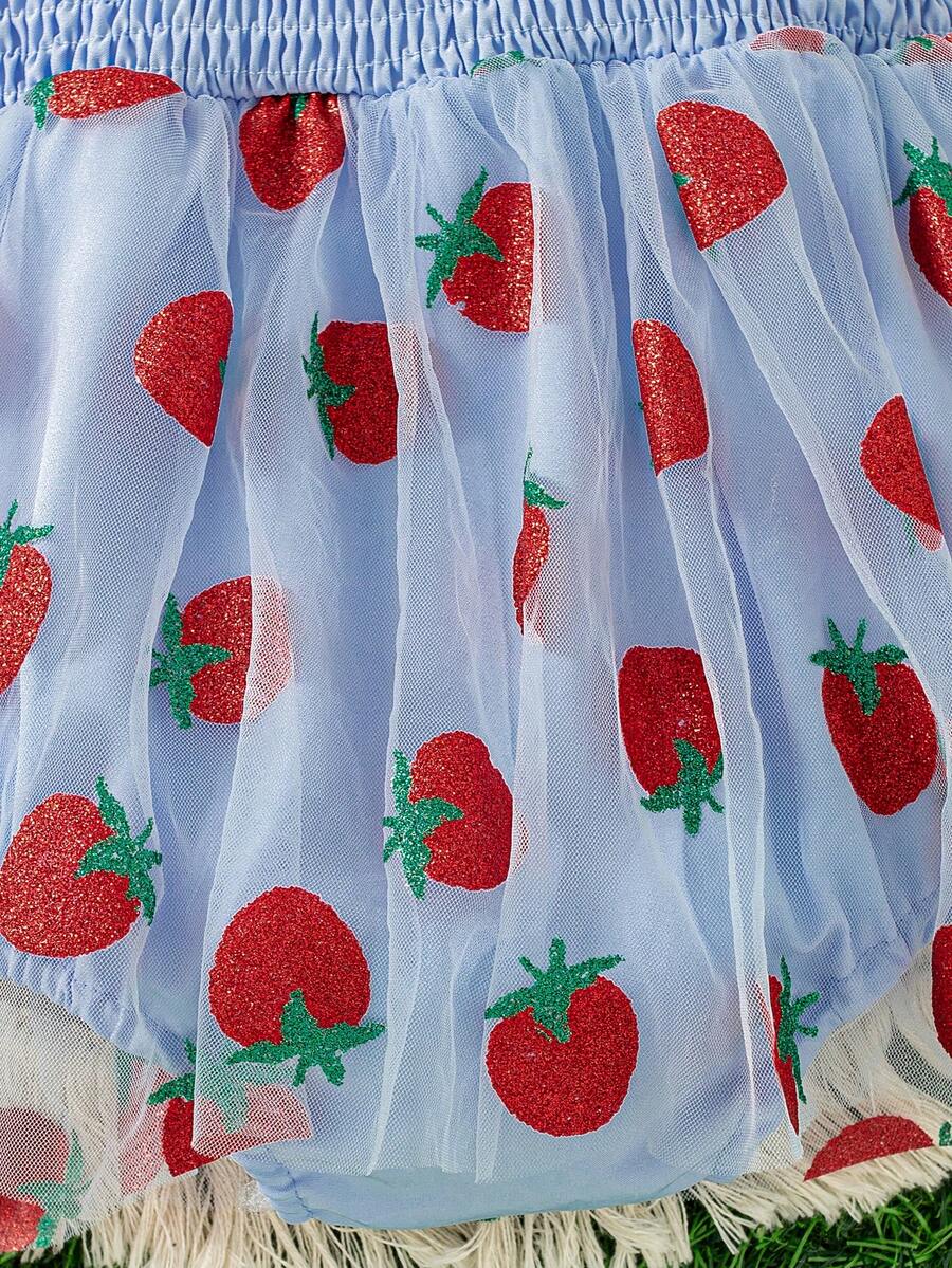 Baby Girls Strawberry Mesh Patchwork Romper with Headband for Summer Outdoor Wear