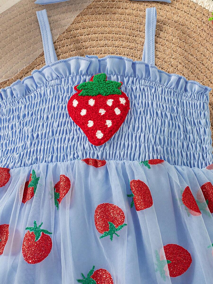 Baby Girls Strawberry Mesh Patchwork Romper with Headband for Summer Outdoor Wear