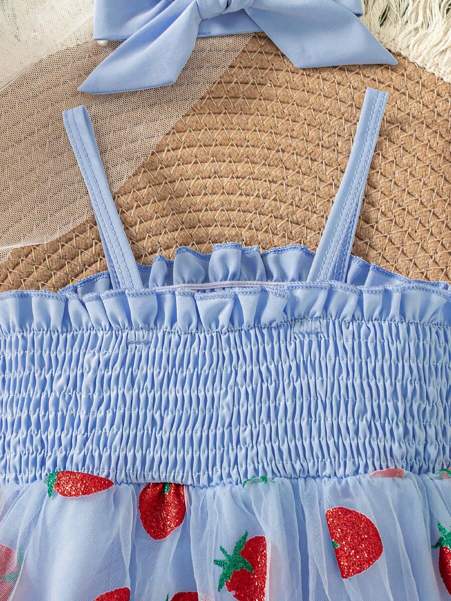 Baby Girls Strawberry Mesh Patchwork Romper with Headband for Summer Outdoor Wear