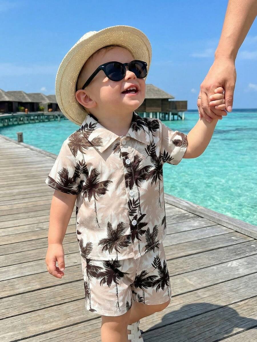 2pcs/Set Baby Boy Tropical Plant Pattern Vacation Outfit (6M-3T)