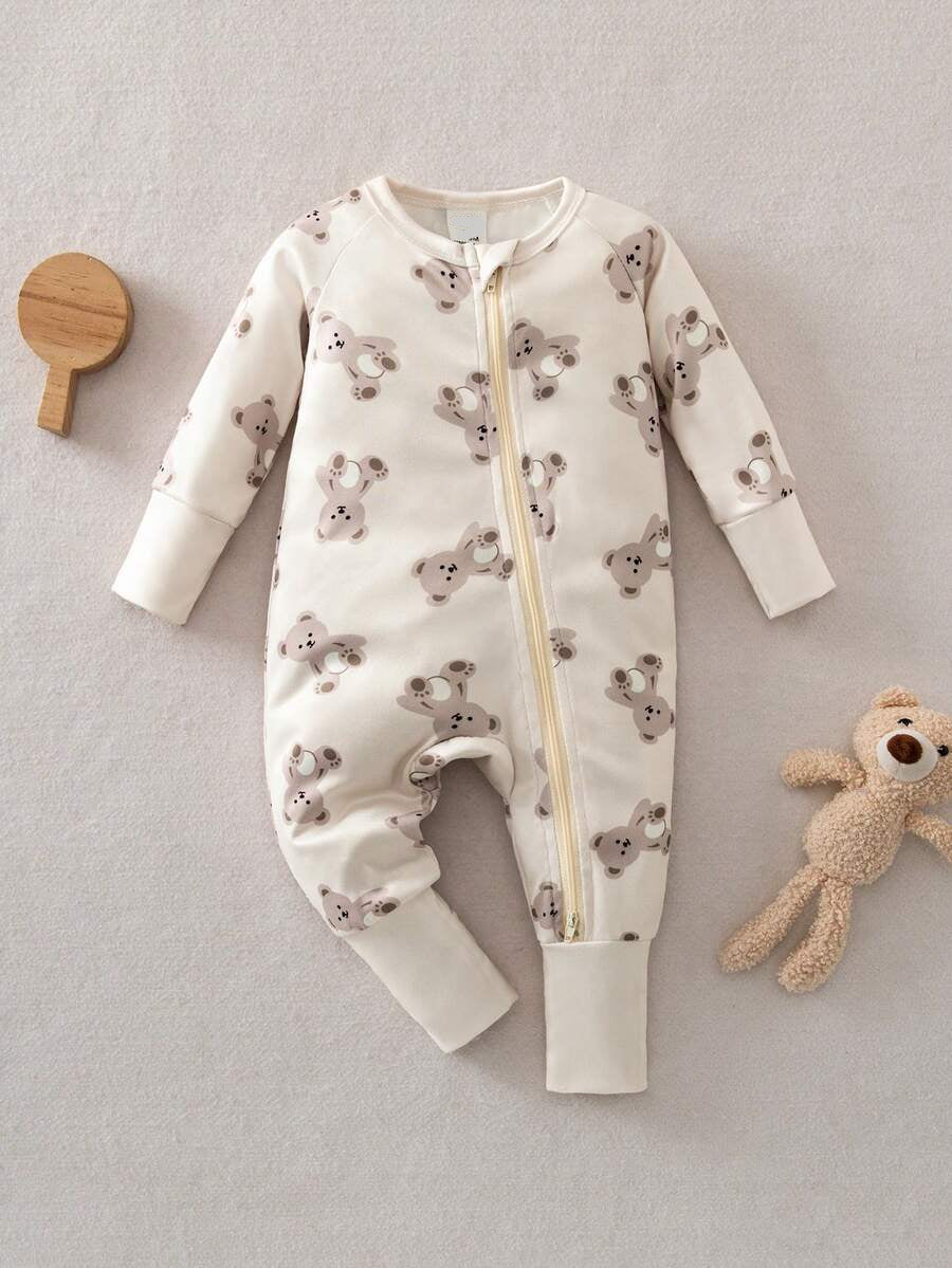 Baby Boy Cookie Print Zip Up Long Sleeve Jumpsuit Pajamas Soft One Piece Sleepwear