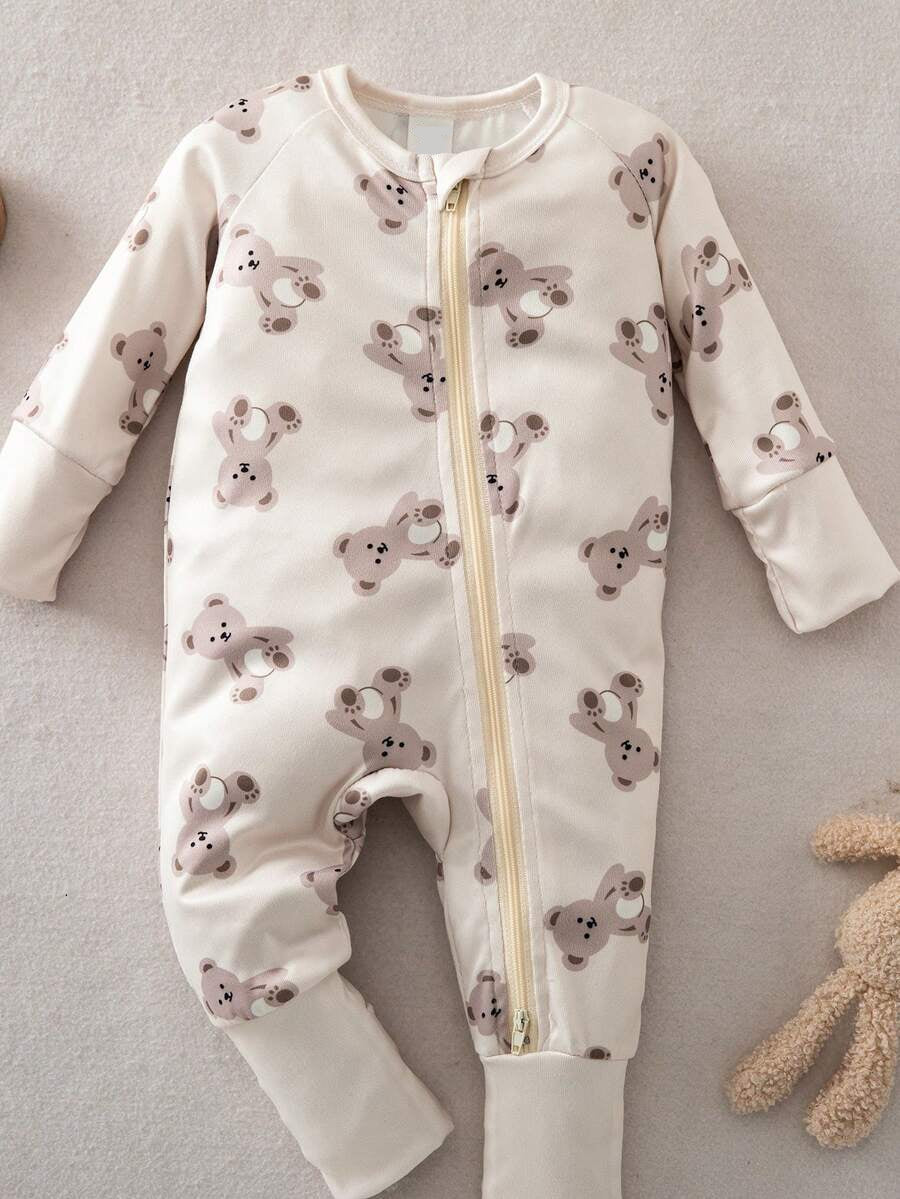 Baby Boy Cookie Print Zip Up Long Sleeve Jumpsuit Pajamas Soft One Piece Sleepwear