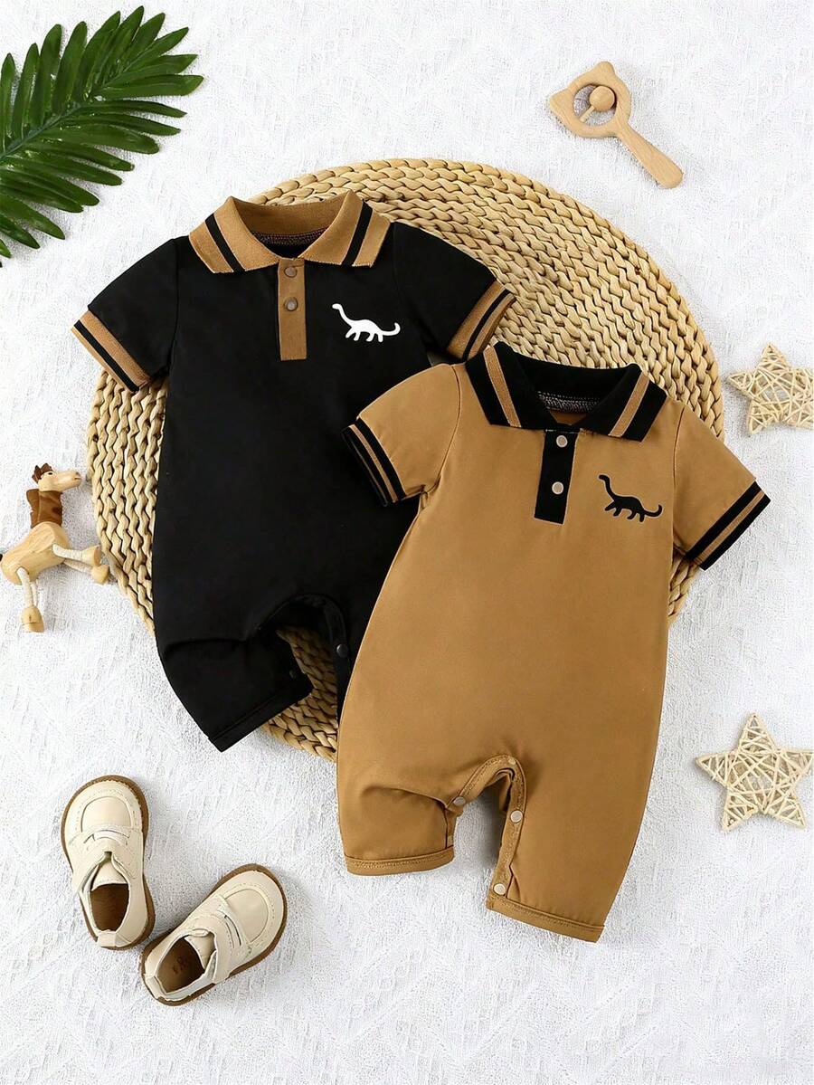 Toddler Boy Dinosaur Print Polo Collar Short Sleeve Romper 2 Piece Summer Outfit Set