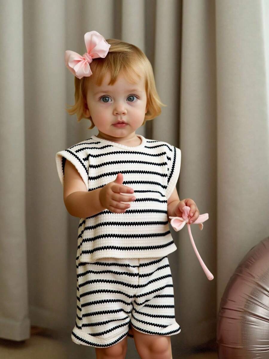 Baby Girl Black & White Striped Ruffle Sleeve T-Shirt & Shorts Set