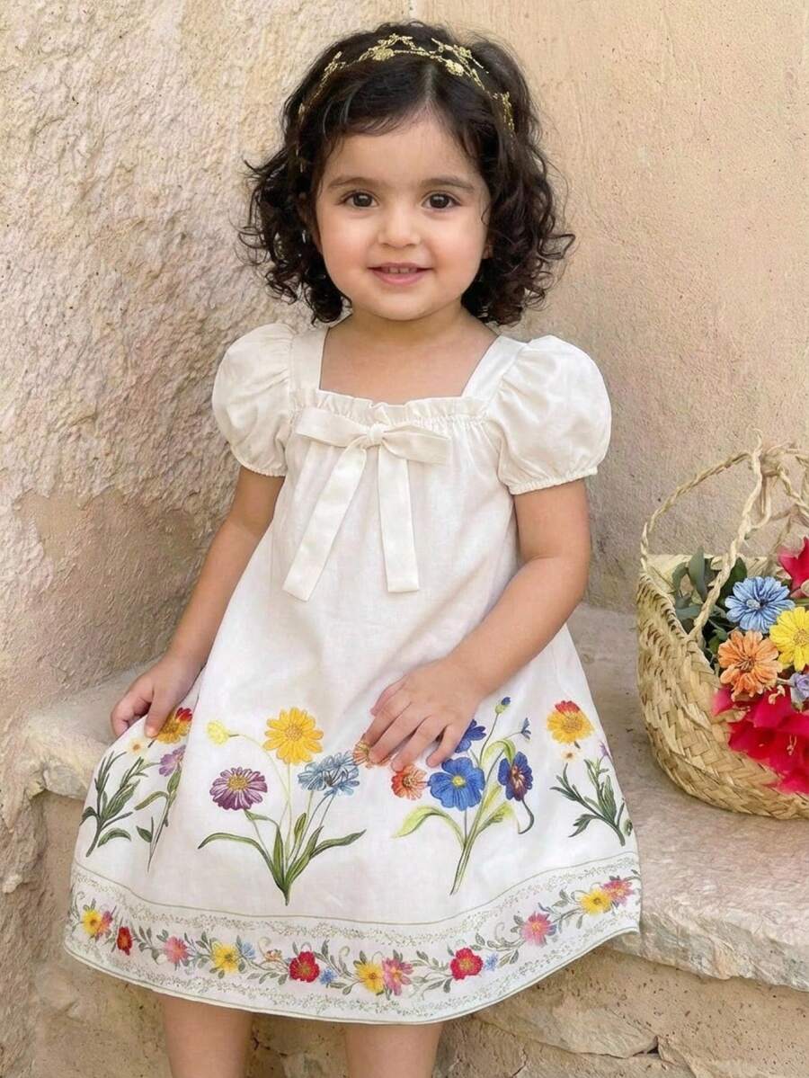 Baby Girl Plaid Bow Detail Short Sleeve Dress Cute Summer Vacation Outfit