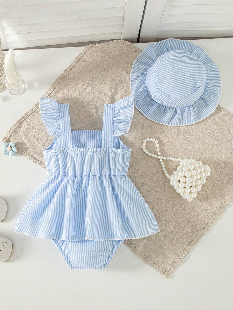 Summer Baby Girl Striped Romper Outfit With Big Bow Cap Sleeve And Sun Hat Gift Set