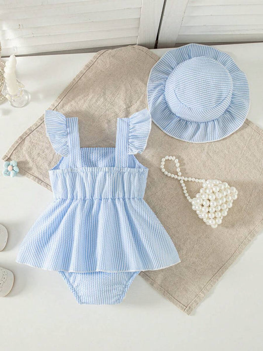 Summer Baby Girl Striped Romper Outfit With Big Bow Cap Sleeve And Sun Hat Gift Set