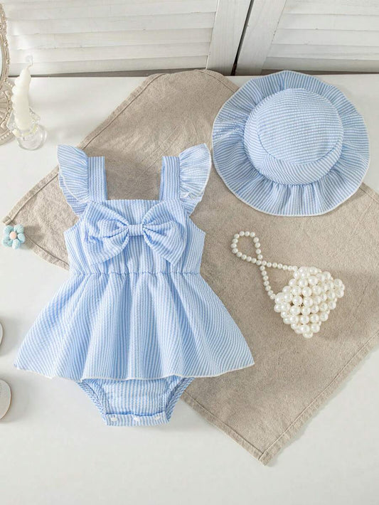 Summer Baby Girl Striped Romper Outfit With Big Bow Cap Sleeve And Sun Hat Gift Set