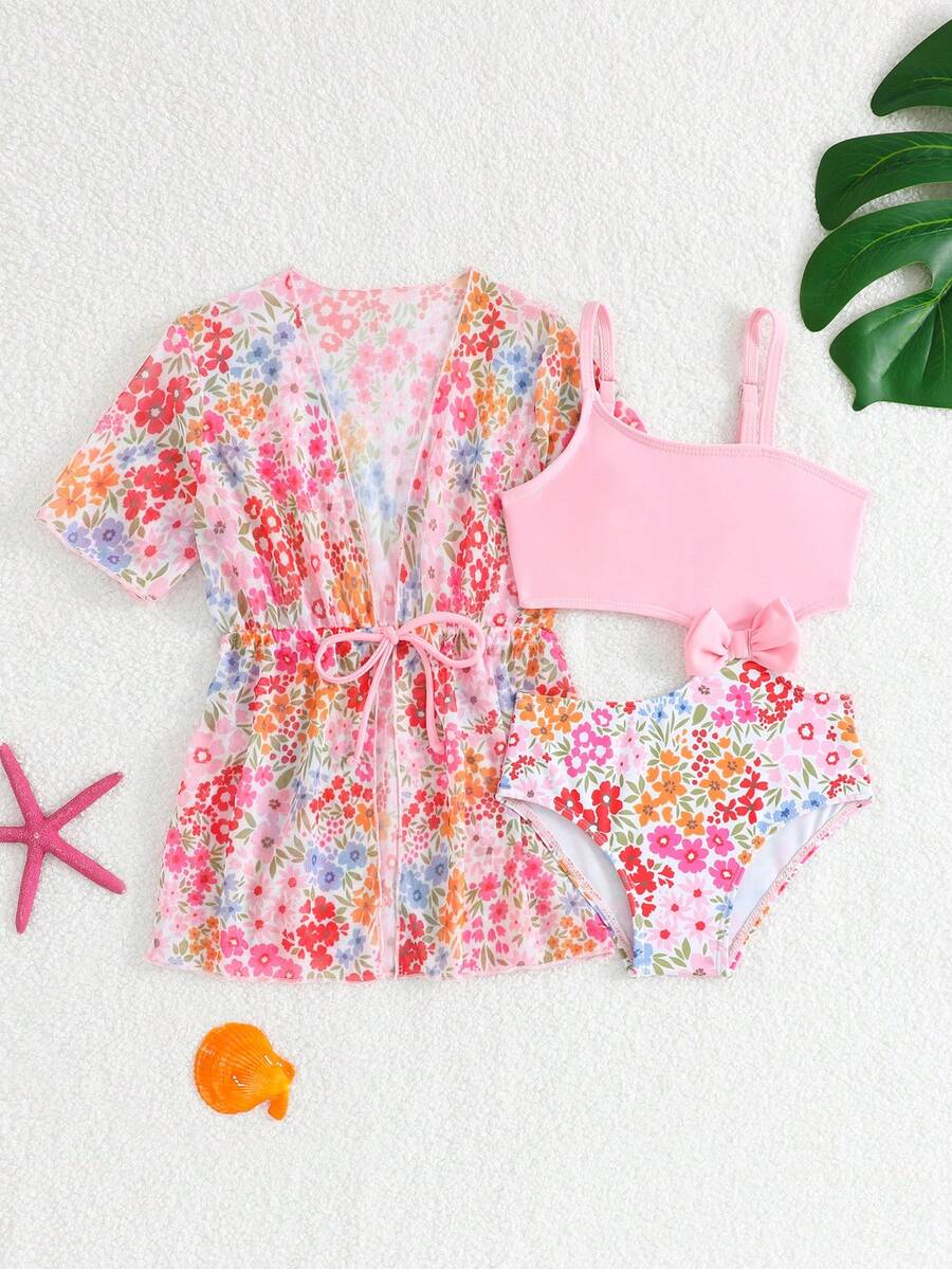 Summer Beach Outfit For Little Girls With Palm Print Swimsuit And Cover Up