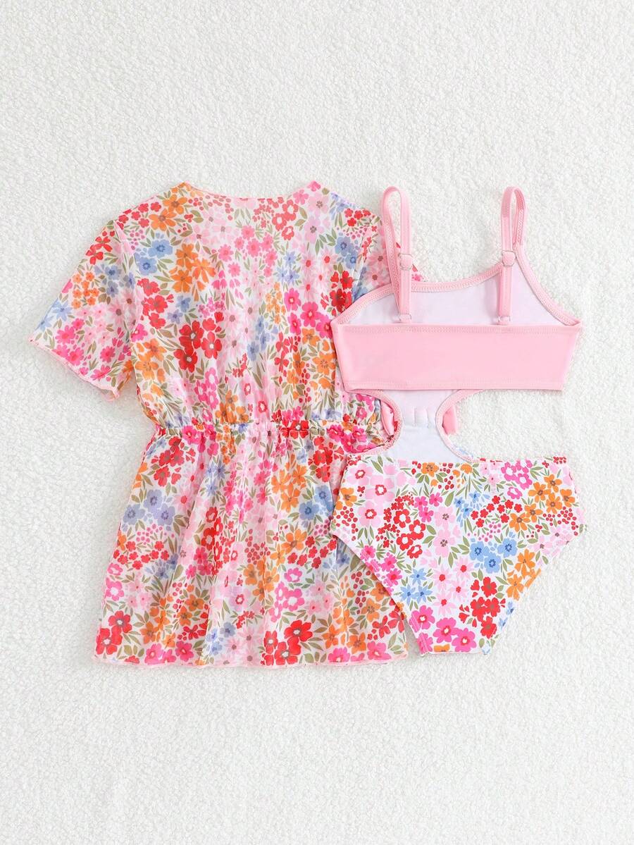 Summer Beach Outfit For Little Girls With Palm Print Swimsuit And Cover Up