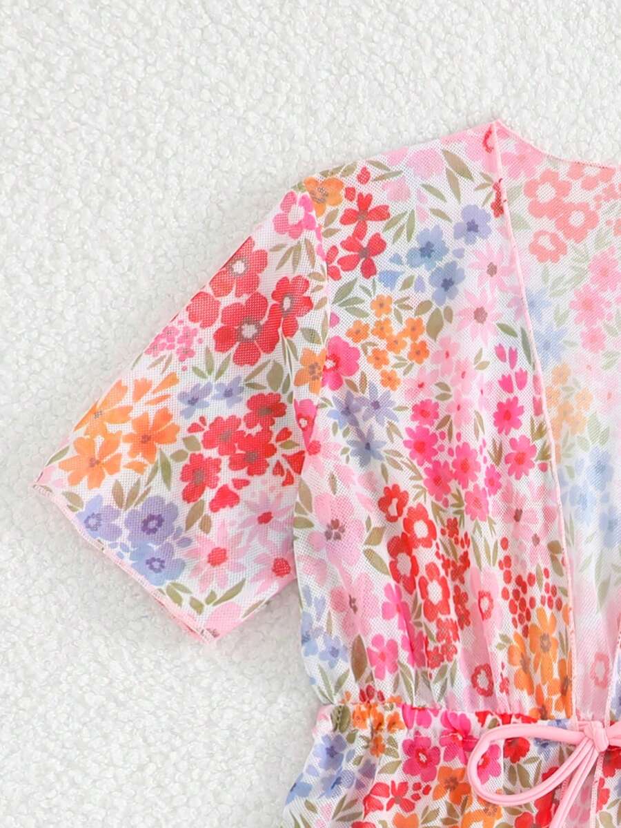 Summer Beach Outfit For Little Girls With Palm Print Swimsuit And Cover Up