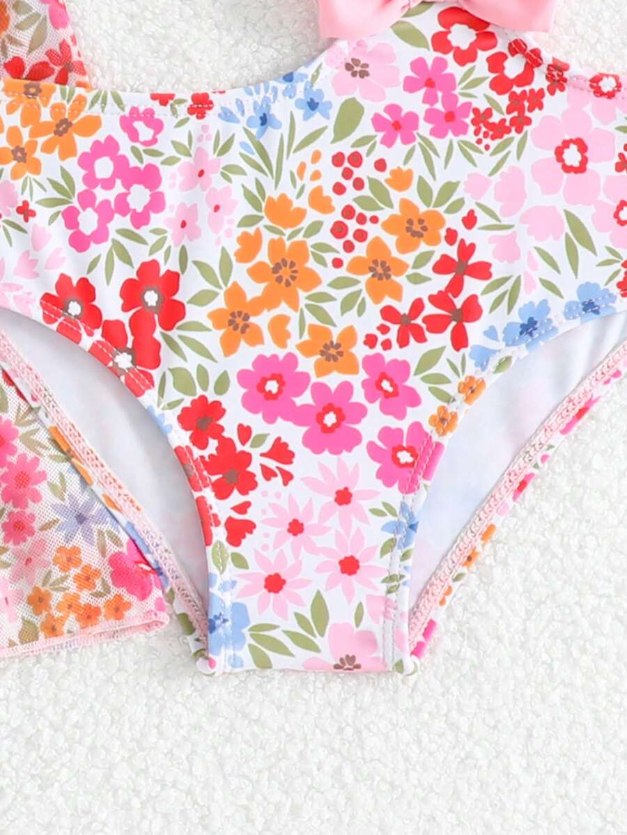 Summer Beach Outfit For Little Girls With Palm Print Swimsuit And Cover Up