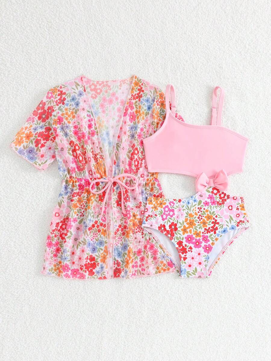 Summer Beach Outfit For Little Girls With Palm Print Swimsuit And Cover Up