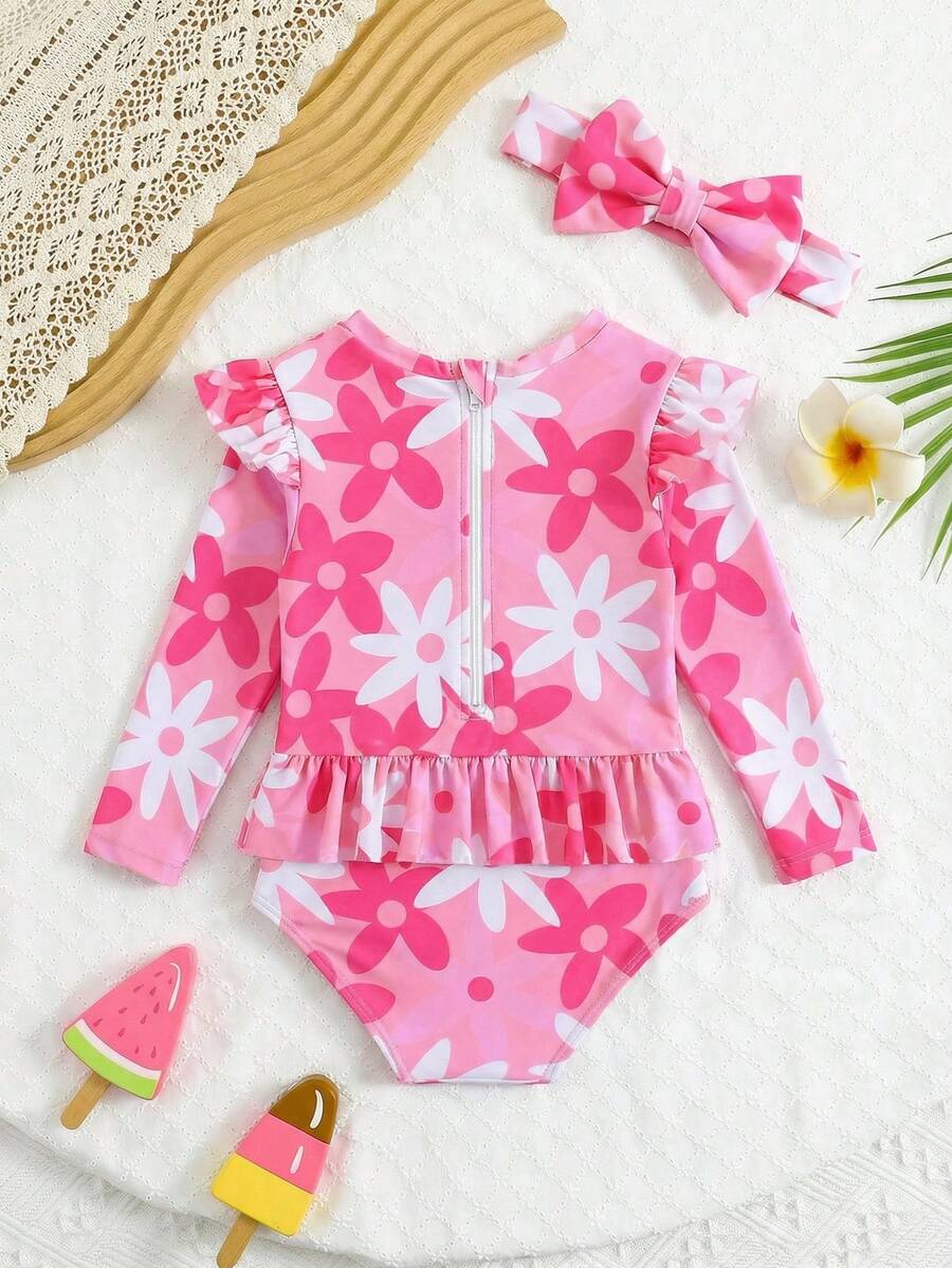 Little Girls Floral Ruffle Swimwear And Matching Headband Summer Vacation Outfit