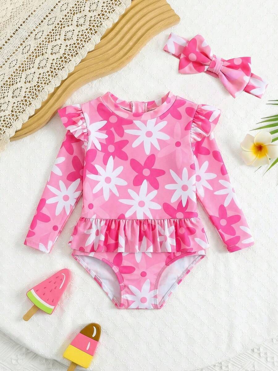 Little Girls Floral Ruffle Swimwear And Matching Headband Summer Vacation Outfit