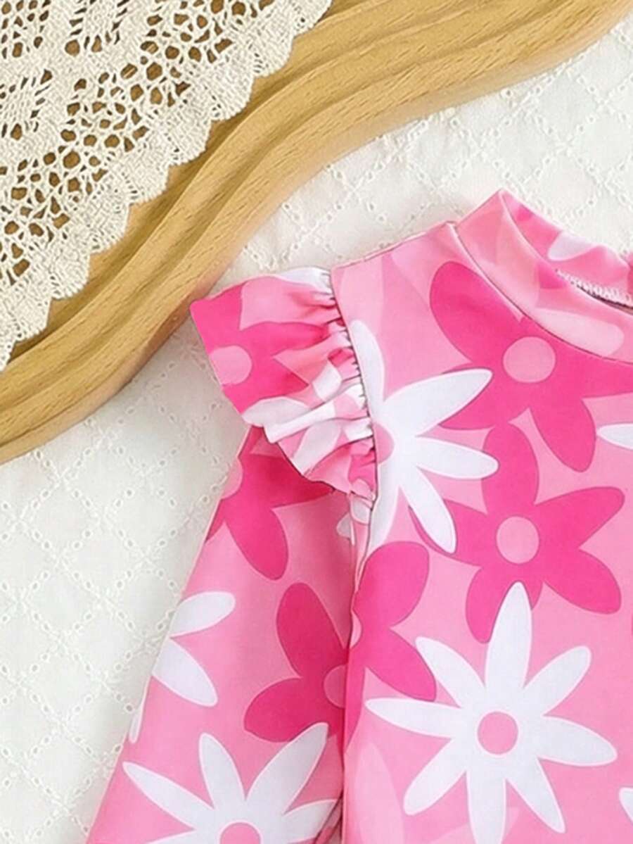 Little Girls Floral Ruffle Swimwear And Matching Headband Summer Vacation Outfit