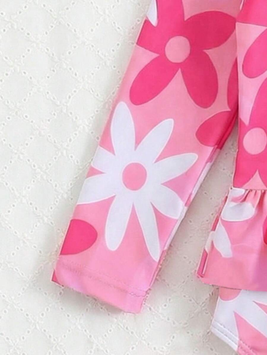 Little Girls Floral Ruffle Swimwear And Matching Headband Summer Vacation Outfit