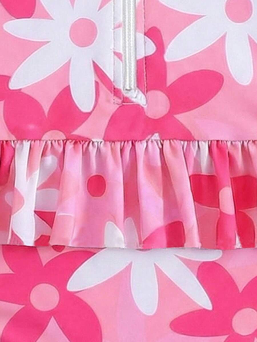 Little Girls Floral Ruffle Swimwear And Matching Headband Summer Vacation Outfit
