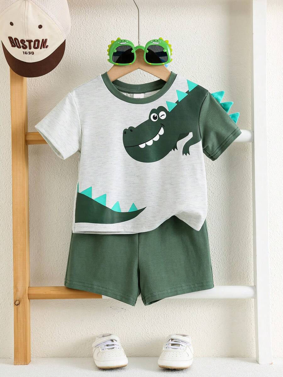 Baby Boy Animal Crayon Print T Shirt and Knitted Shorts 2 Piece Casual Spring Summer Outfit Set