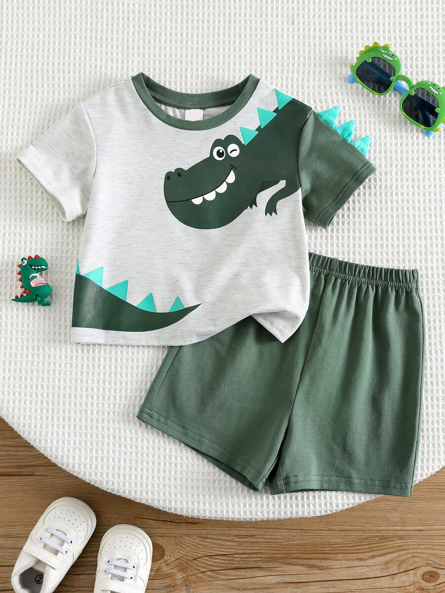 Baby Boy Animal Crayon Print T Shirt and Knitted Shorts 2 Piece Casual Spring Summer Outfit Set