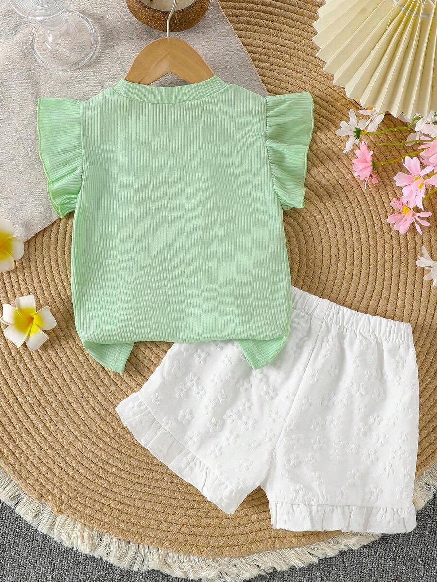 Young Girls 3D Flower Decor Tank Top and Yellow Floral Hem Shorts 2 Piece Summer Set
