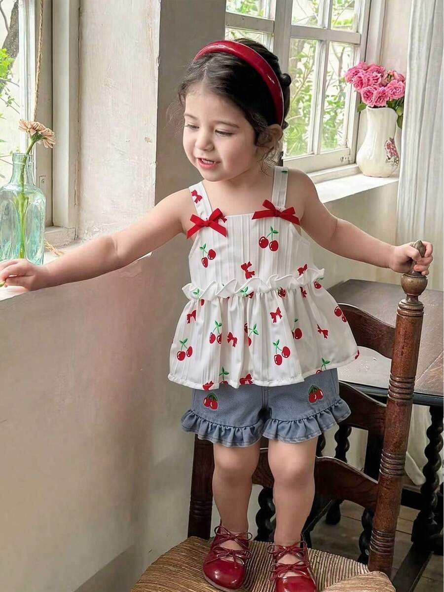 Cute Cherry Summer Clothing Set For Little Girls Party And Outing Style