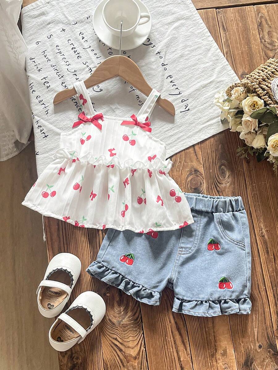 Cute Cherry Summer Clothing Set For Little Girls Party And Outing Style
