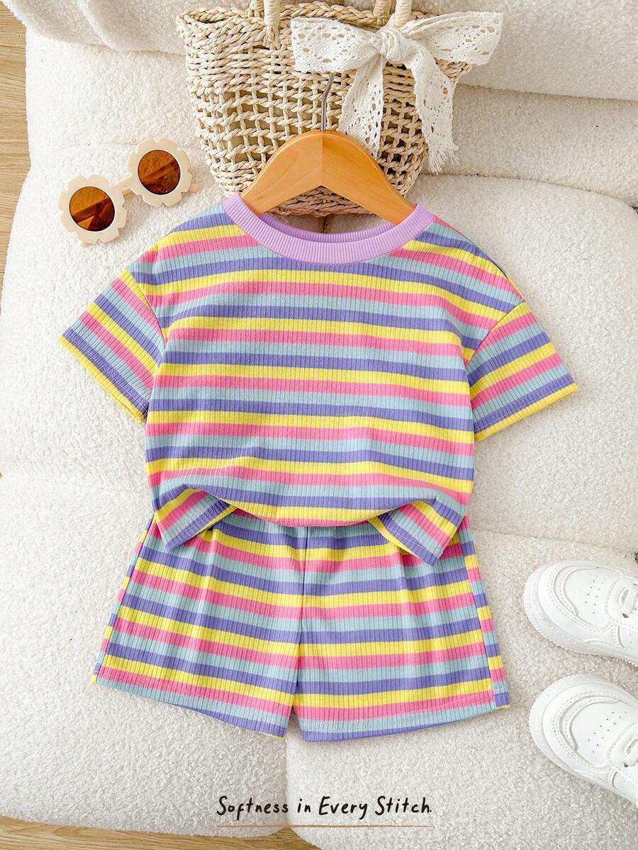 Rainbow Top And Elastic Waist Shorts Set For Toddler Girls Casual Wear