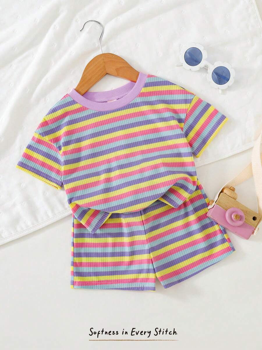 Rainbow Top And Elastic Waist Shorts Set For Toddler Girls Casual Wear