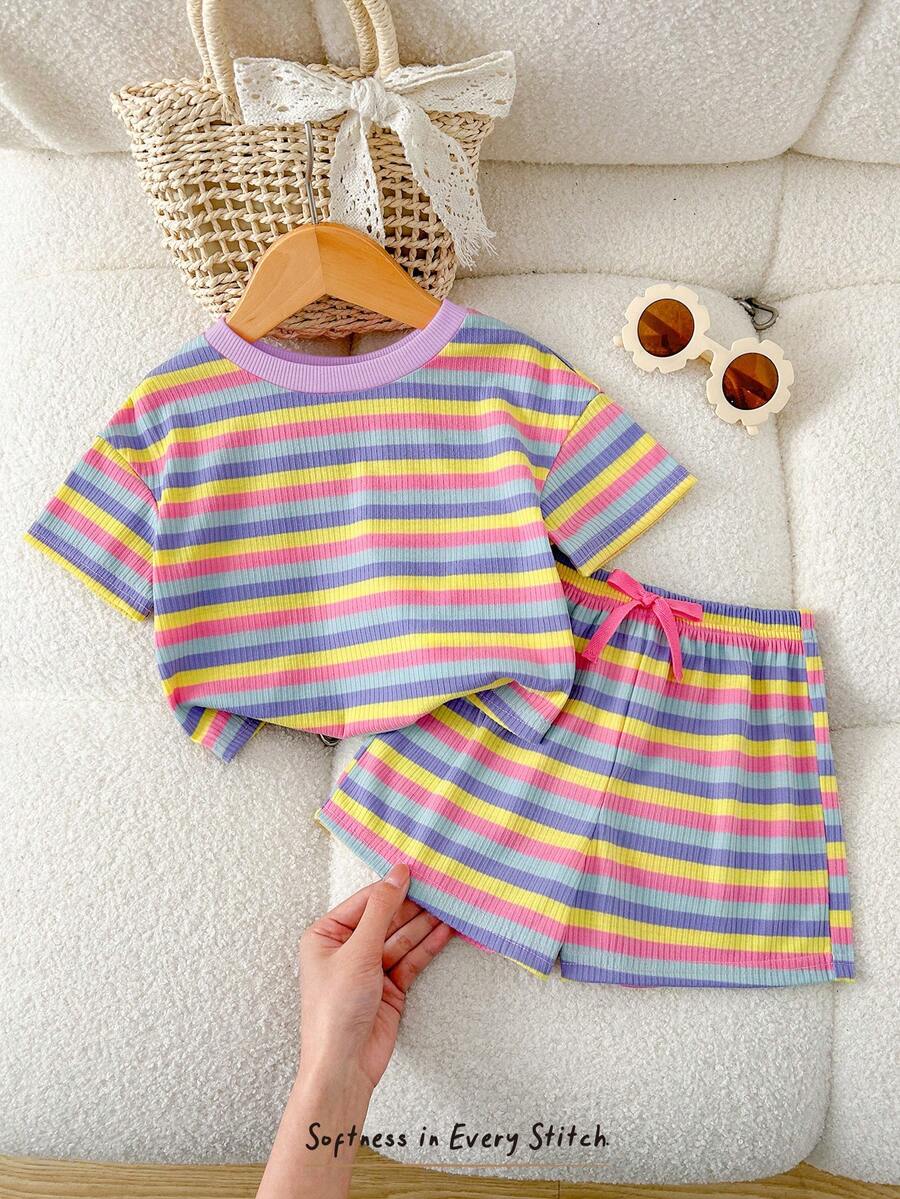 Rainbow Top And Elastic Waist Shorts Set For Toddler Girls Casual Wear