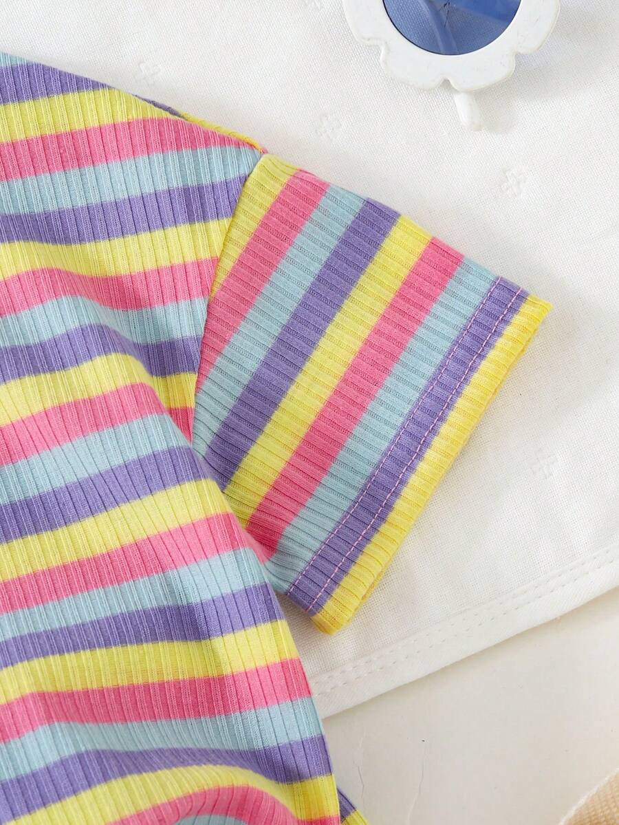 Rainbow Top And Elastic Waist Shorts Set For Toddler Girls Casual Wear