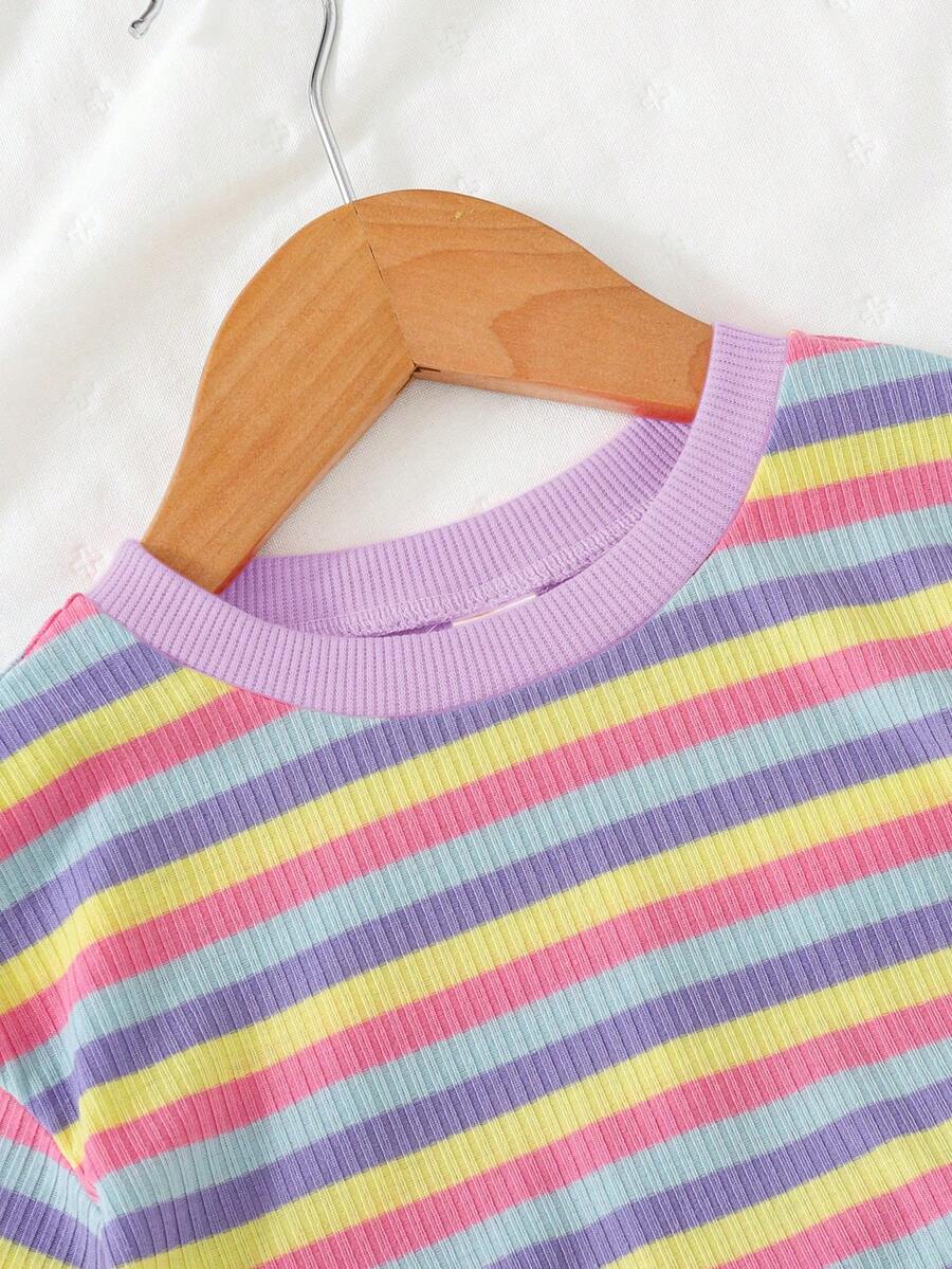 Rainbow Top And Elastic Waist Shorts Set For Toddler Girls Casual Wear