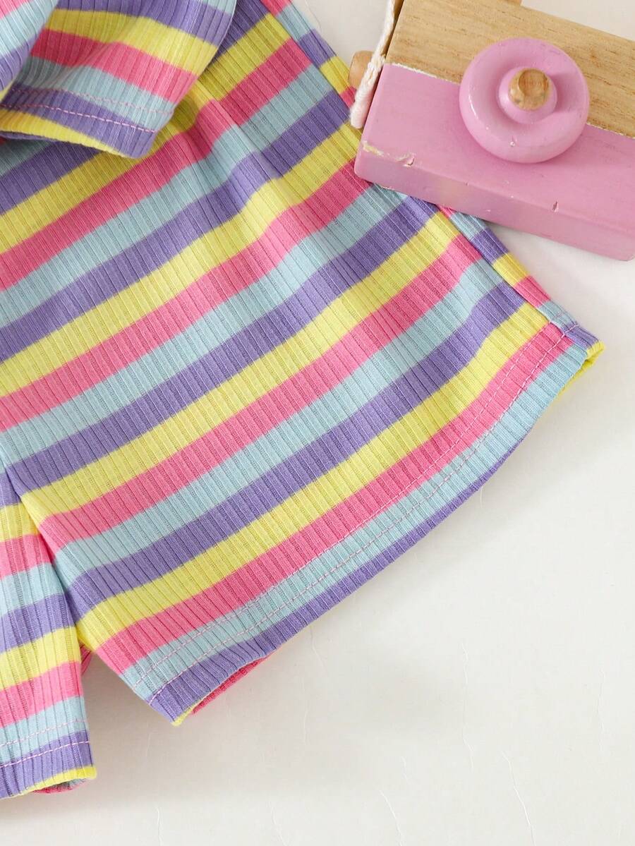 Rainbow Top And Elastic Waist Shorts Set For Toddler Girls Casual Wear