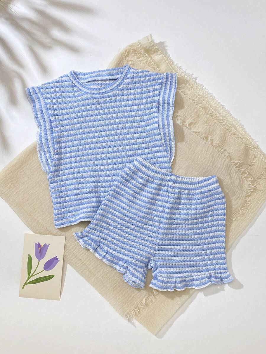 Baby Girl Black & White Striped Ruffle Sleeve T-Shirt & Shorts Set
