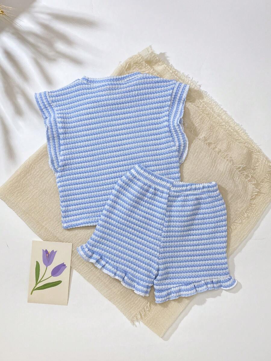 Baby Girl Black & White Striped Ruffle Sleeve T-Shirt & Shorts Set