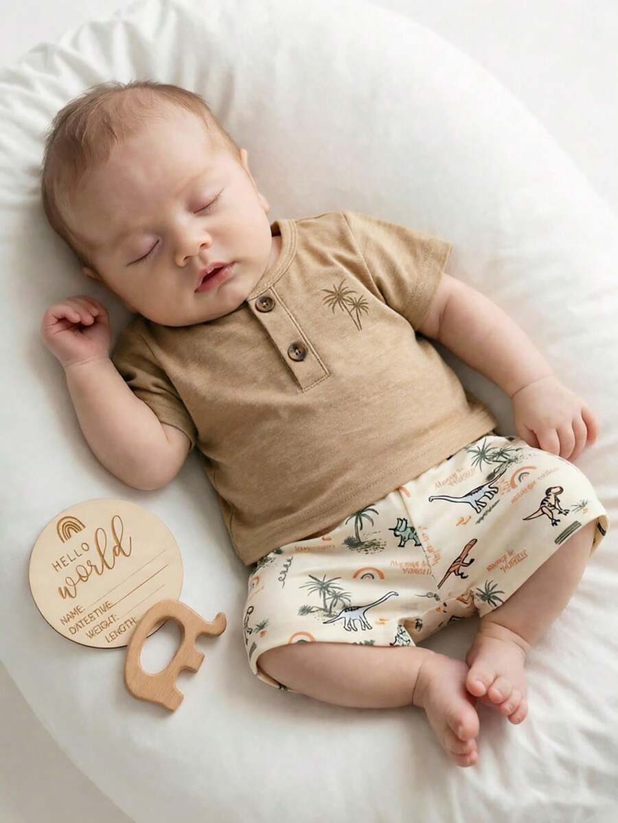 2PCS Baby Boy Coconut Tree Top and Dinosaur Shorts Set for Cute Summer Daily Wear