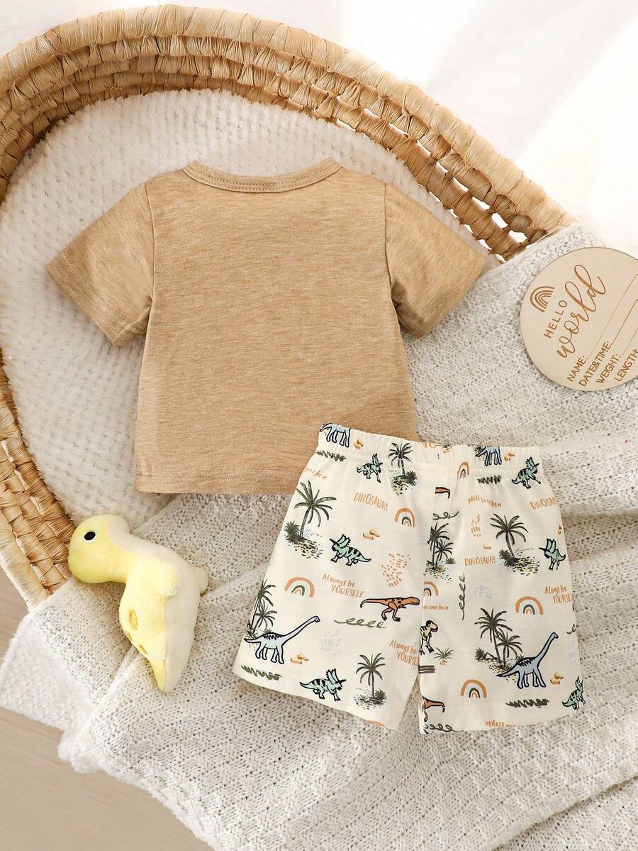 2PCS Baby Boy Coconut Tree Top and Dinosaur Shorts Set for Cute Summer Daily Wear