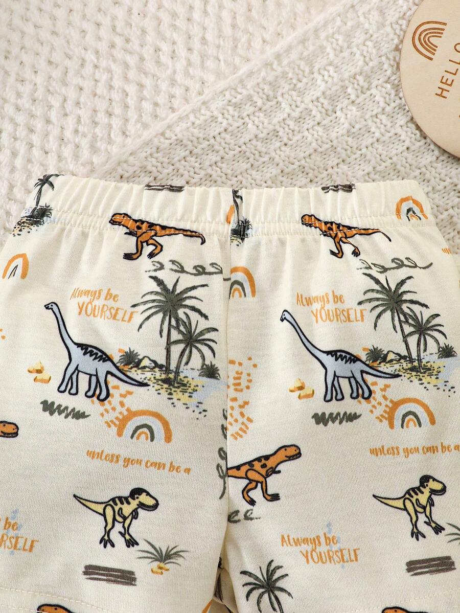 2PCS Baby Boy Coconut Tree Top and Dinosaur Shorts Set for Cute Summer Daily Wear
